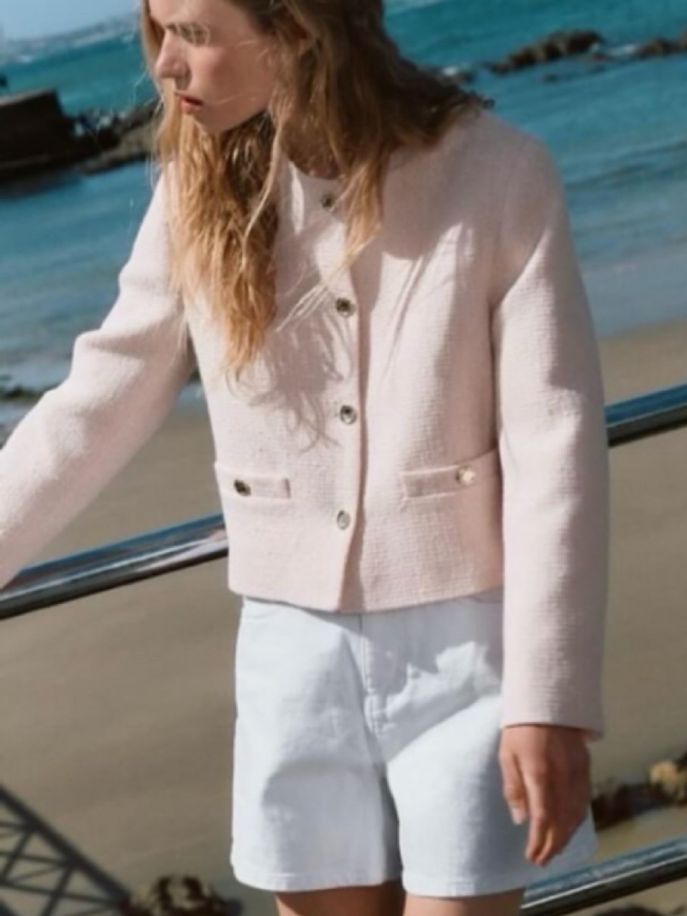 ZARA Light Blue White Tweed Jacket with Gold Buttons! 🩵 - Picture 3 of 15